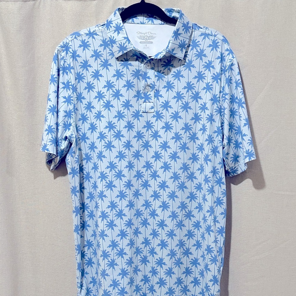 Straight Down Performance Polo Short Sleeve Men’s Small White/Blue Palm Trees